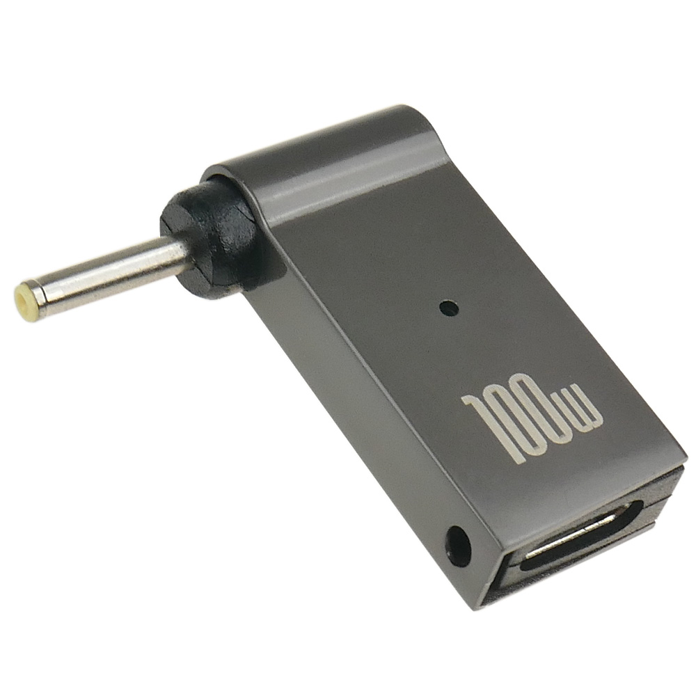 Ciemnoszary adapter USB-C z oznaczeniem 100W i złączem beczkowym.
