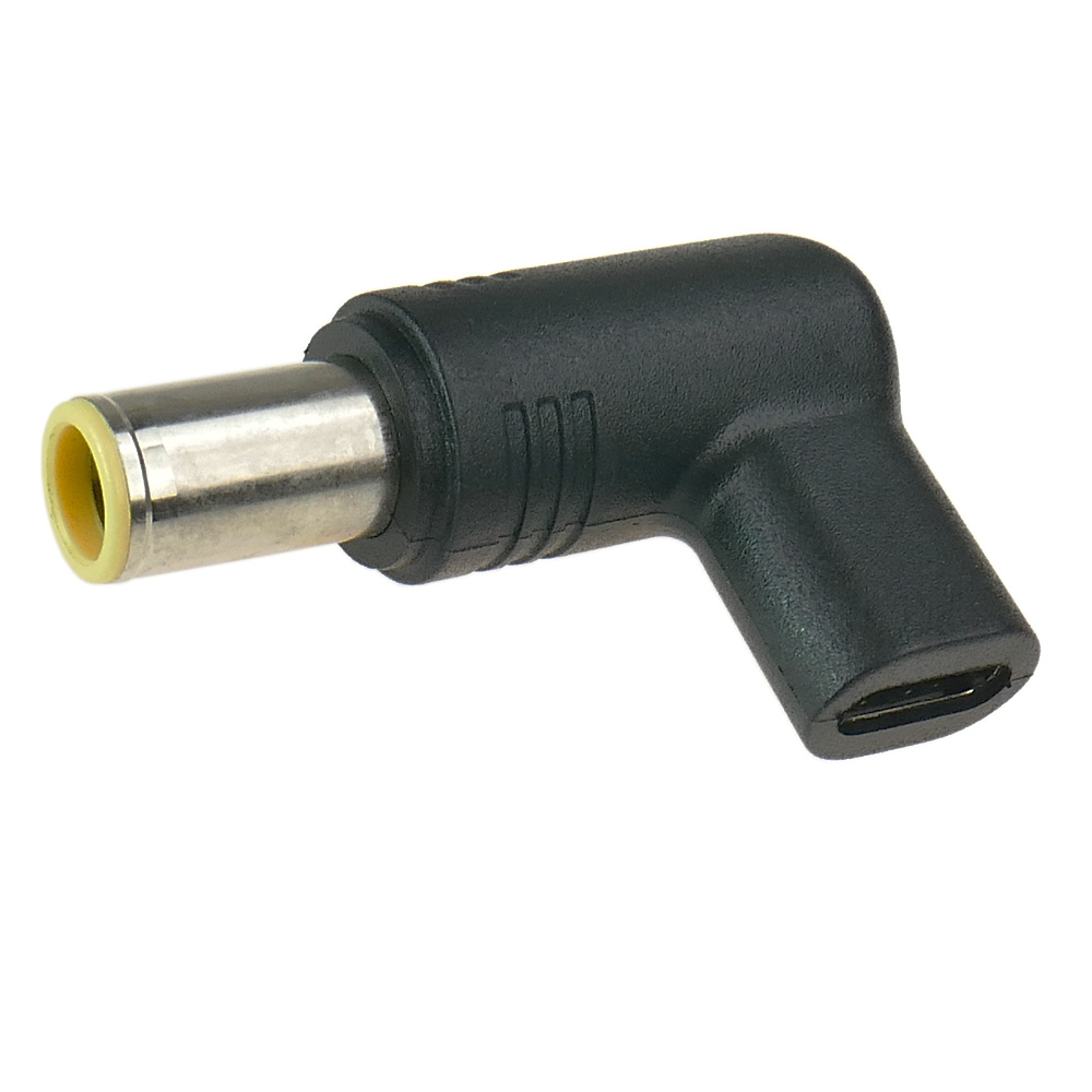 Czarny adapter z okrągłą metalową wtyczką i portem USB-C.
