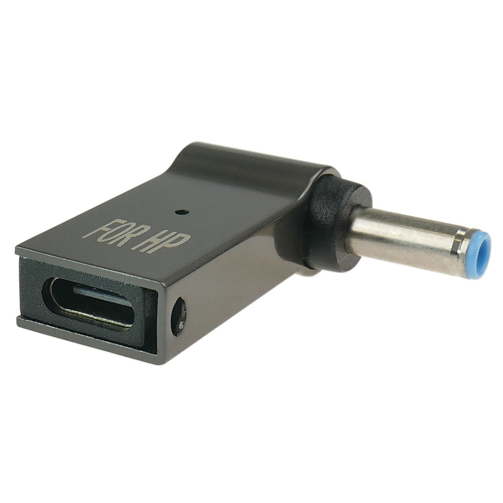 Ciemny adapter USB-C z okrągłą wtyczką i napisem "FOR HP".