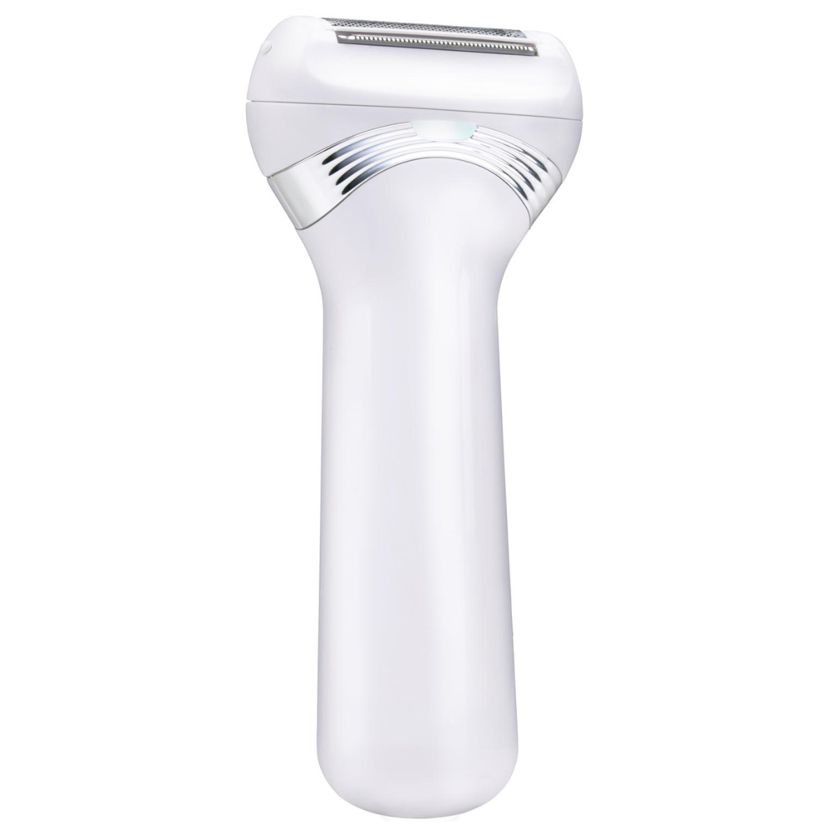Een witte elektrische scheerapparaat met zilveren accenten en foliekop.