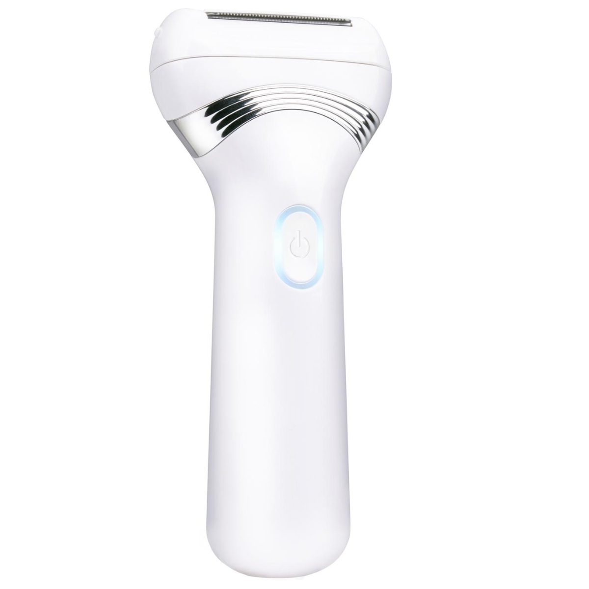 Een witte damesrazor met zilveren accenten en een blauwe aan/uitknop.