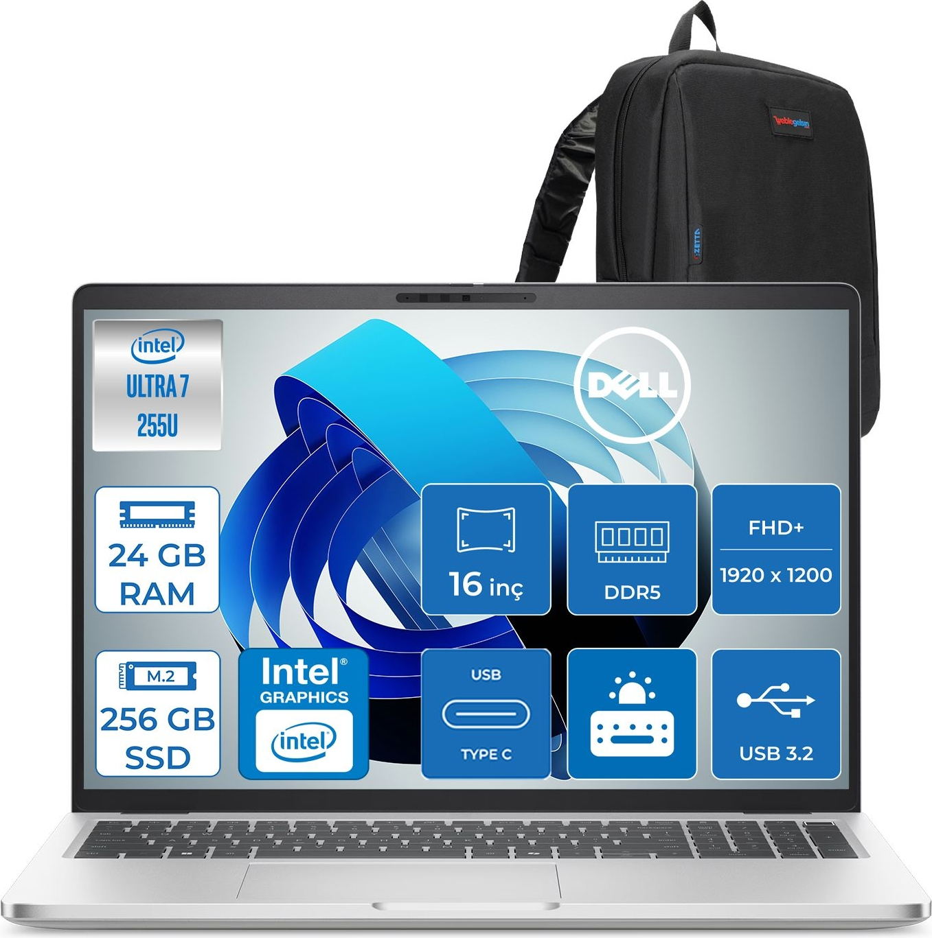 DELL Pro 16 Plus DDR5 IPS Full HD+ PB16250BTO105F06 Intel Core Ultra 7 255U 24 GB RAM 256 GB SSD 16 inç FreeDOS Laptop+Çanta Gümüş