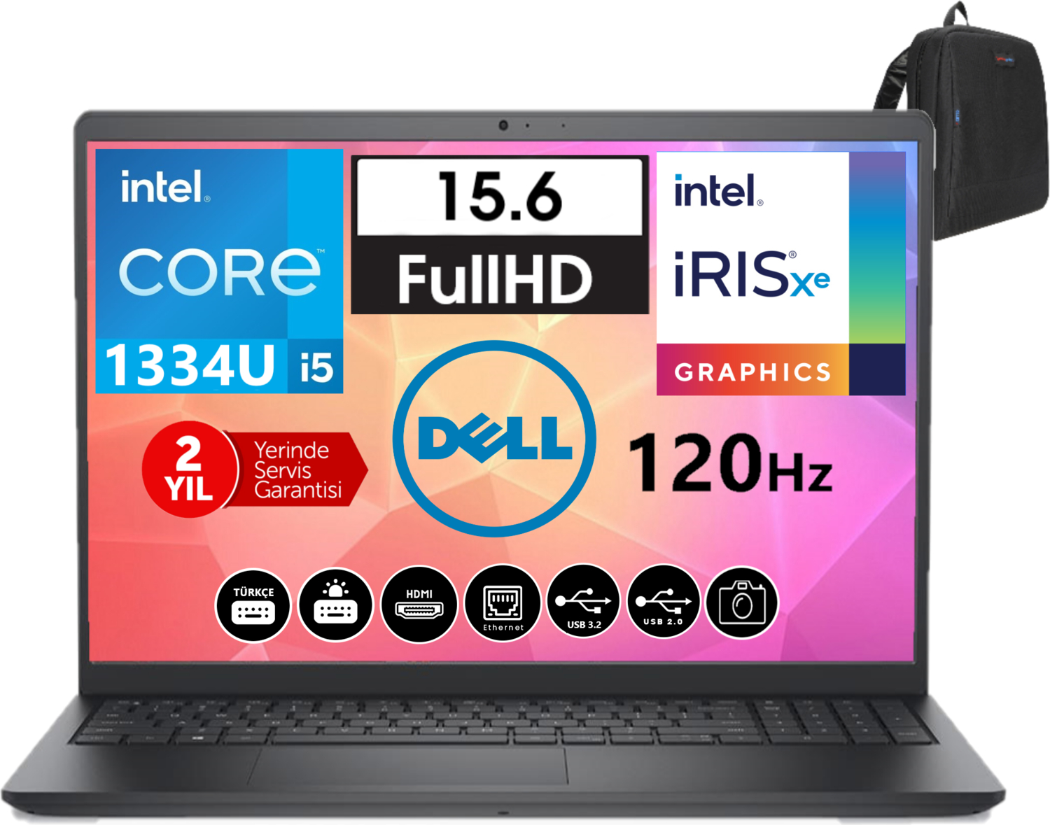 Dell dizüstü bilgisayar: Intel Core i5, 15,6" FHD, Iris Xe grafik, 120Hz, çanta.