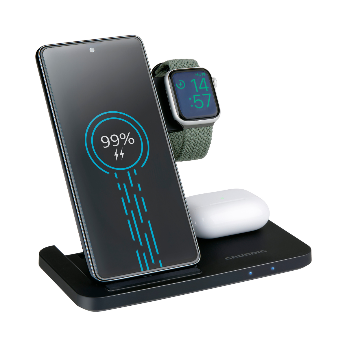 Een zwarte oplaadstandaard met een telefoon op 99%, smartwatch en oordopjes.