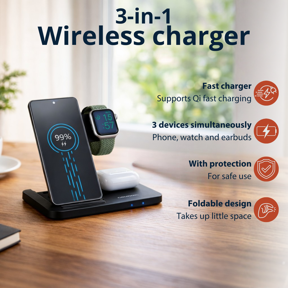 3-in-1 draadloze lader met telefoon, horloge en oordopjes.