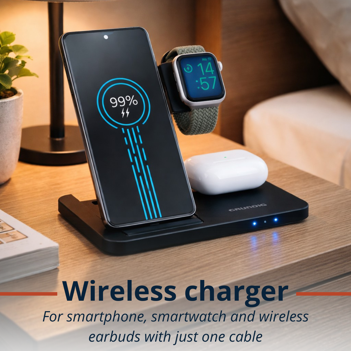 Een smartphone, smartwatch en oordopjes op een zwarte draadloze oplader.