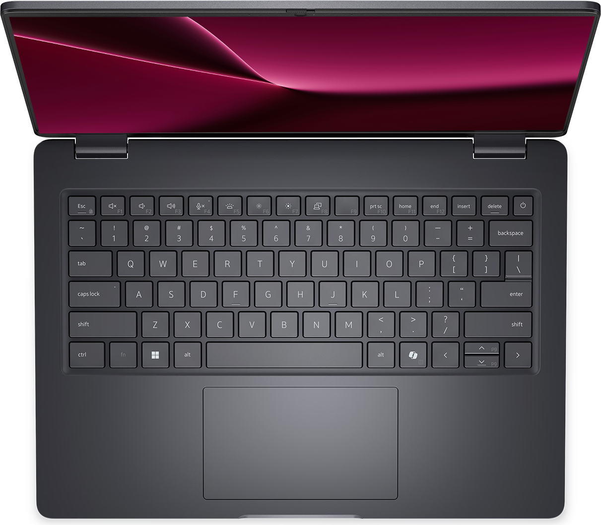 Ekranında pembe soyut tasarıma sahip, açık koyu gri dizüstü bilgisayar. Klavye ve trackpad görünür.
