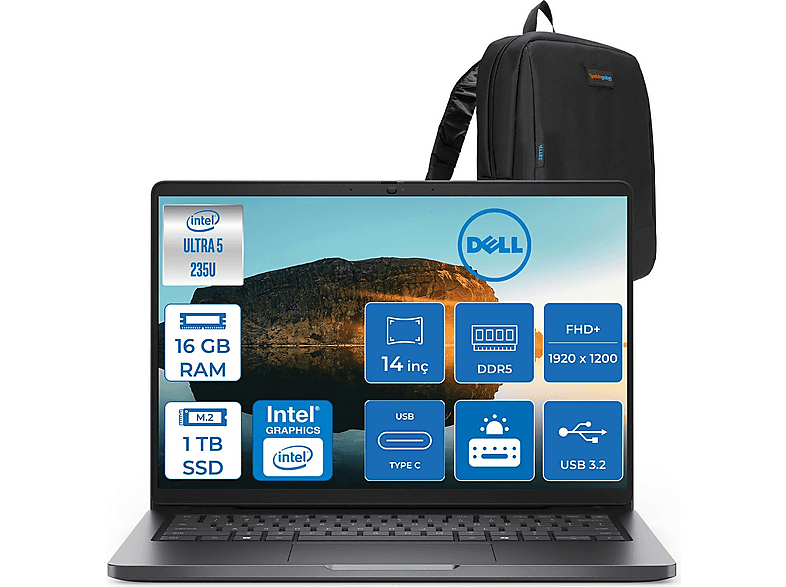 DELL Pro 14 DDR5 IPS Full HD+ PC14250BTO113F03 Intel Core Ultra 5 235U 16 GB RAM 1 TB SSD 14 inç FreeDOS Laptop+Çanta Gri