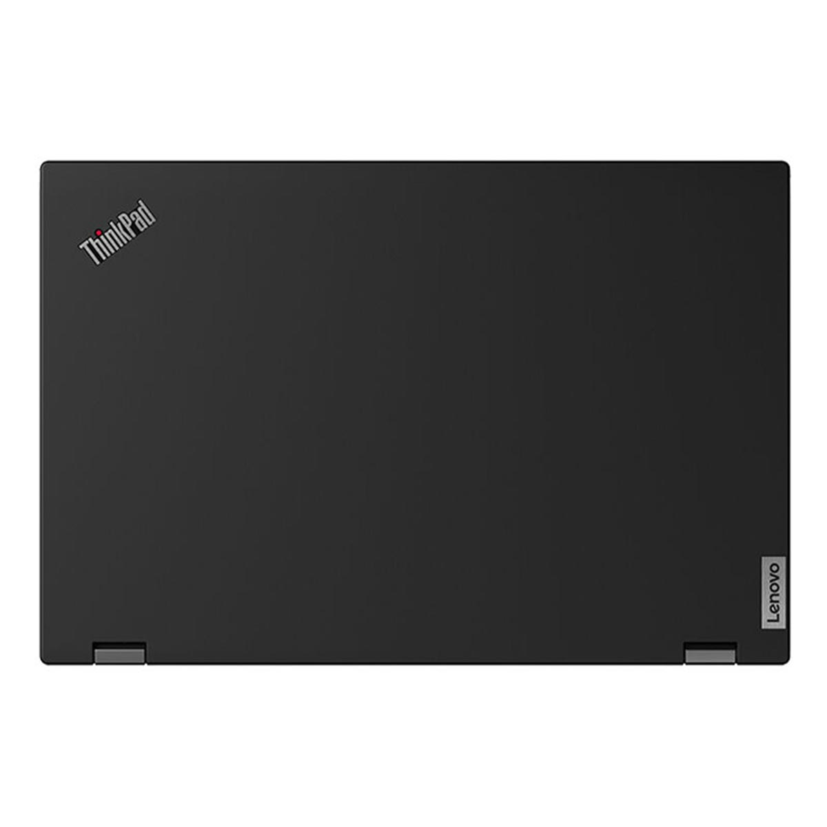 Czarny laptop z logo ThinkPad w lewym górnym rogu i logo Lenovo w prawym dolnym rogu.