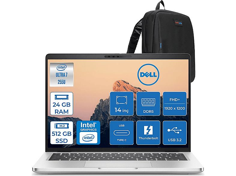 DELL Pro 14 Plus DDR5 IPS Full HD+ PB14250BTO110F07 Intel Core Ultra 7 255U 24 GB RAM 512 GB SSD 14 inç FreeDOS Laptop+Çanta Gri