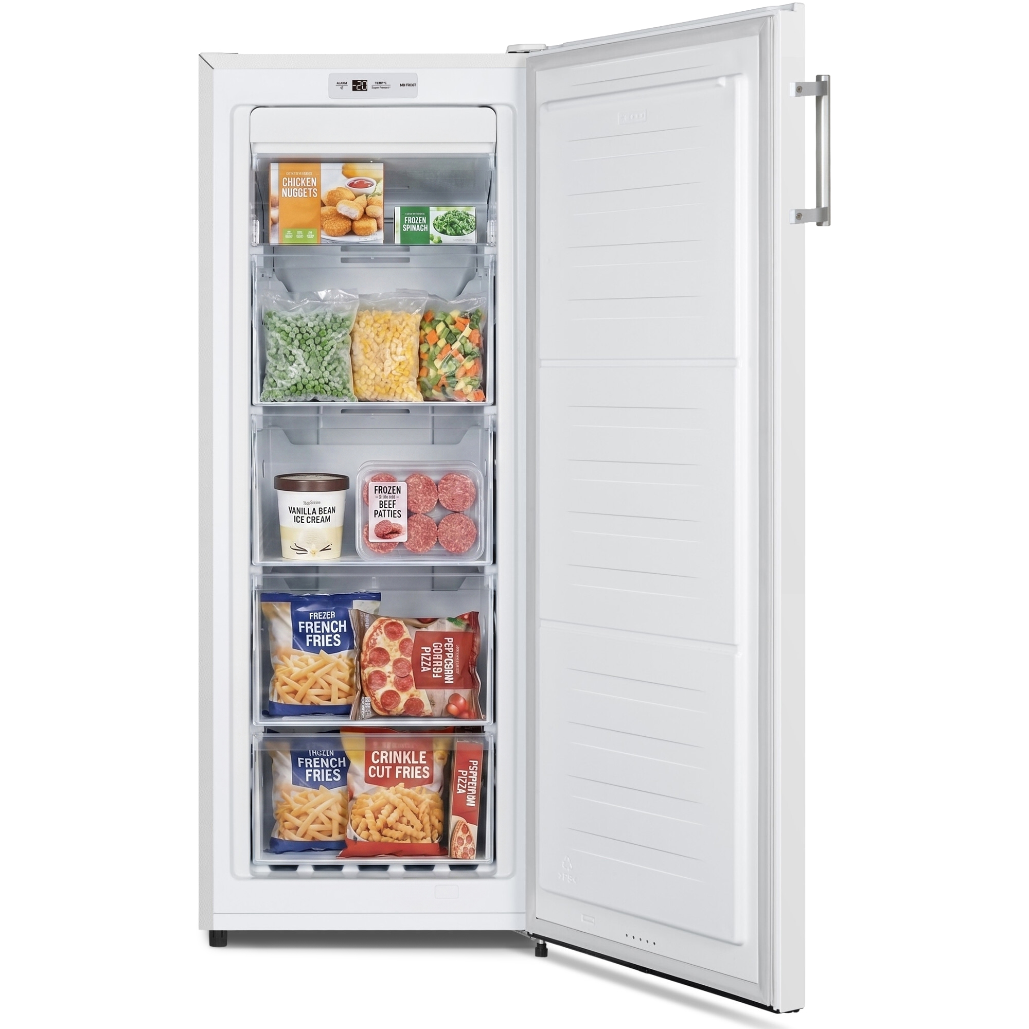 An open freezer stocked with chicken nuggets, spinach, ice cream, beef patties, fries, and pizza.