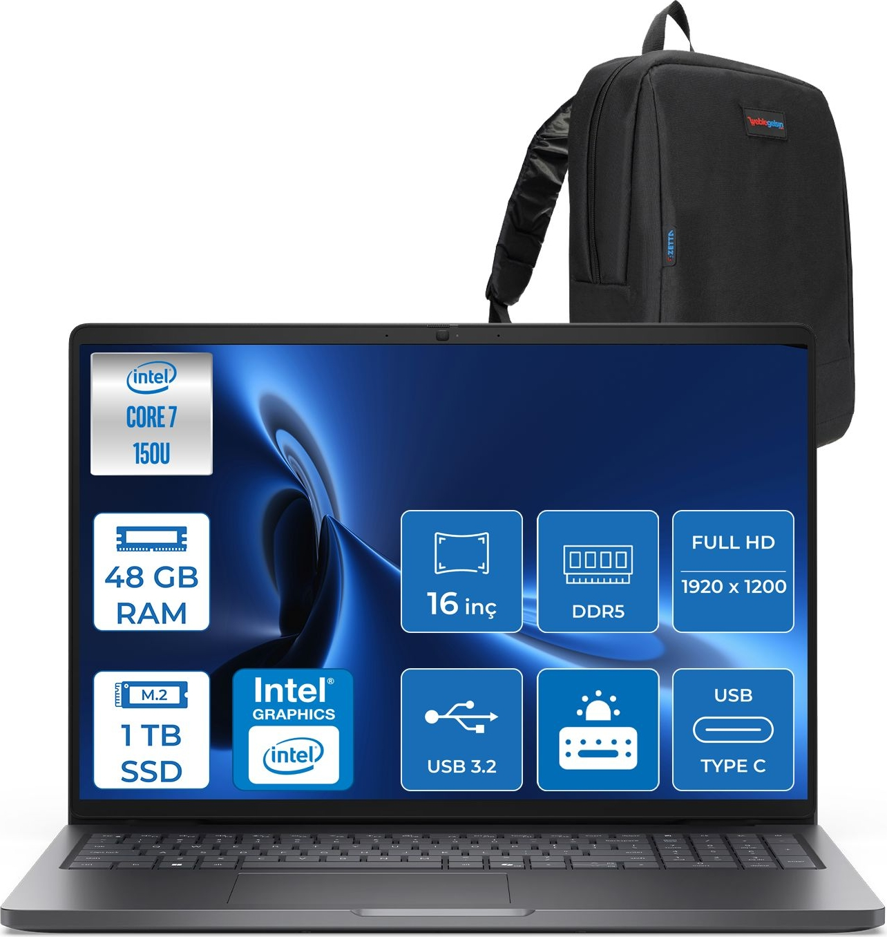 Intel Core i7, 48 GB RAM, 1 TB SSD'li dizüstü bilgisayar ve siyah sırt çantası.