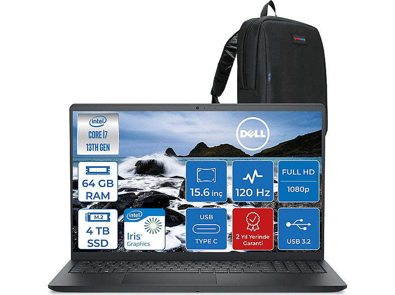 DELL Vostro 3530 Iris XE FHD 1920X1080 N1601PVNB3530F25 Intel Core i7-1355U 64 GB RAM 4 TB SSD 15,6 inç FreeDOS Laptop+Çanta Siyah