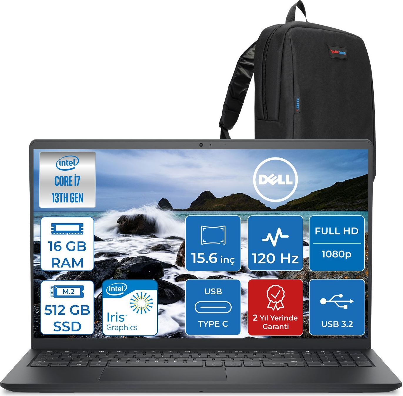 Intel Core i7, 16GB RAM, 512GB SSD'li siyah Dell dizüstü bilgisayar ve siyah sırt çantası.