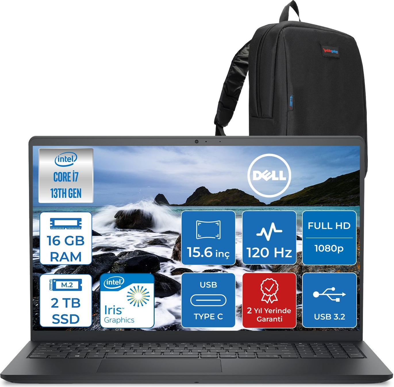 Sırt çantalı siyah Dell laptop. Özellikler: Intel Core i7, 16 GB RAM, 2 TB SSD, 15.6 inç.