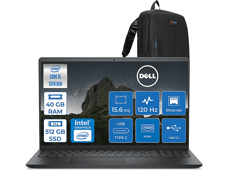 DELL Pro 15 Essential DDR5 FHD WVA IPS PV152501334UF17 Intel Core i5-1334U 40 GB RAM 512 GB SSD 15,6 inç FreeDOS Laptop+Çanta Siyah