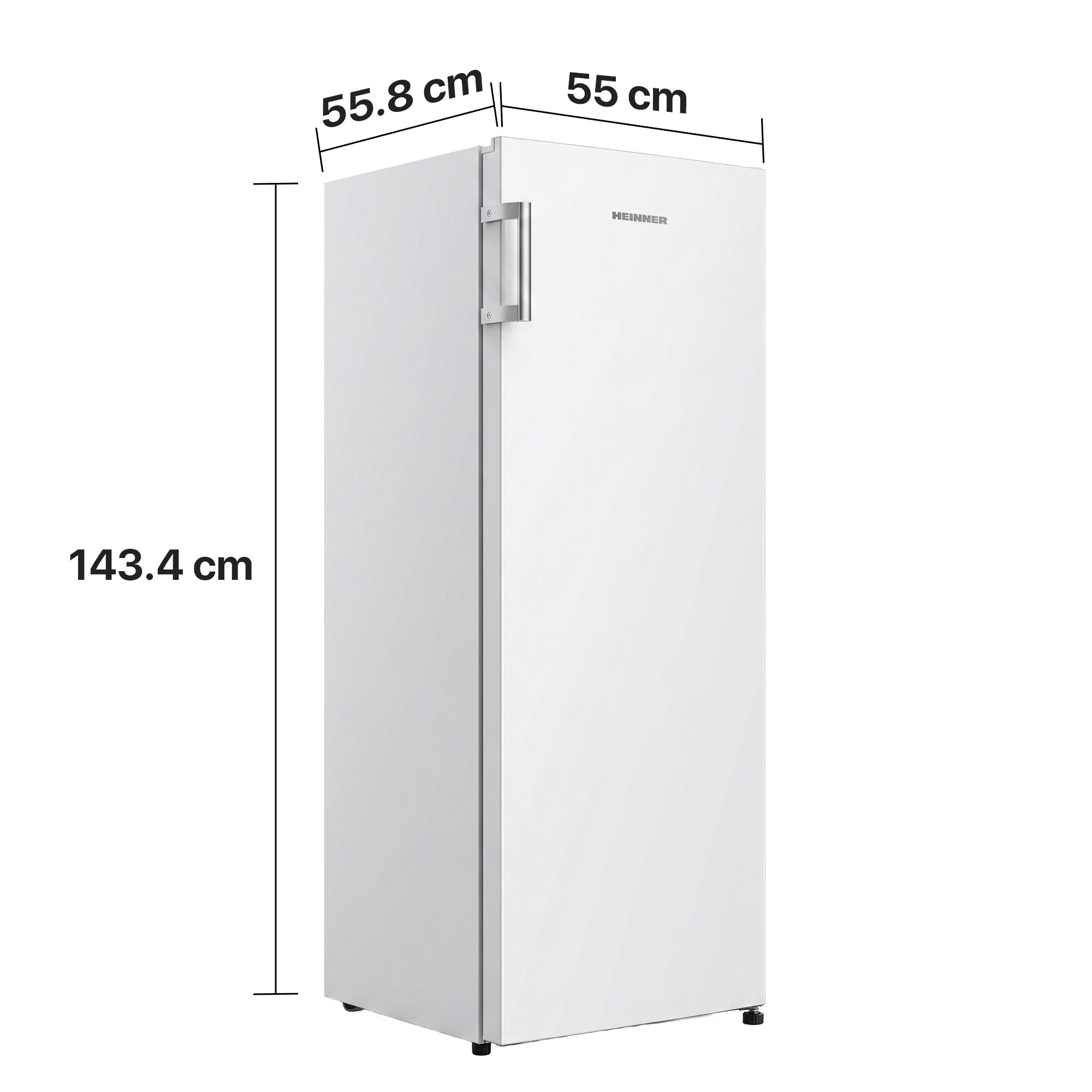 Ein weißer Kühlschrank mit silbernem Griff. Maße: 143,4 x 55,8 x 55 cm.