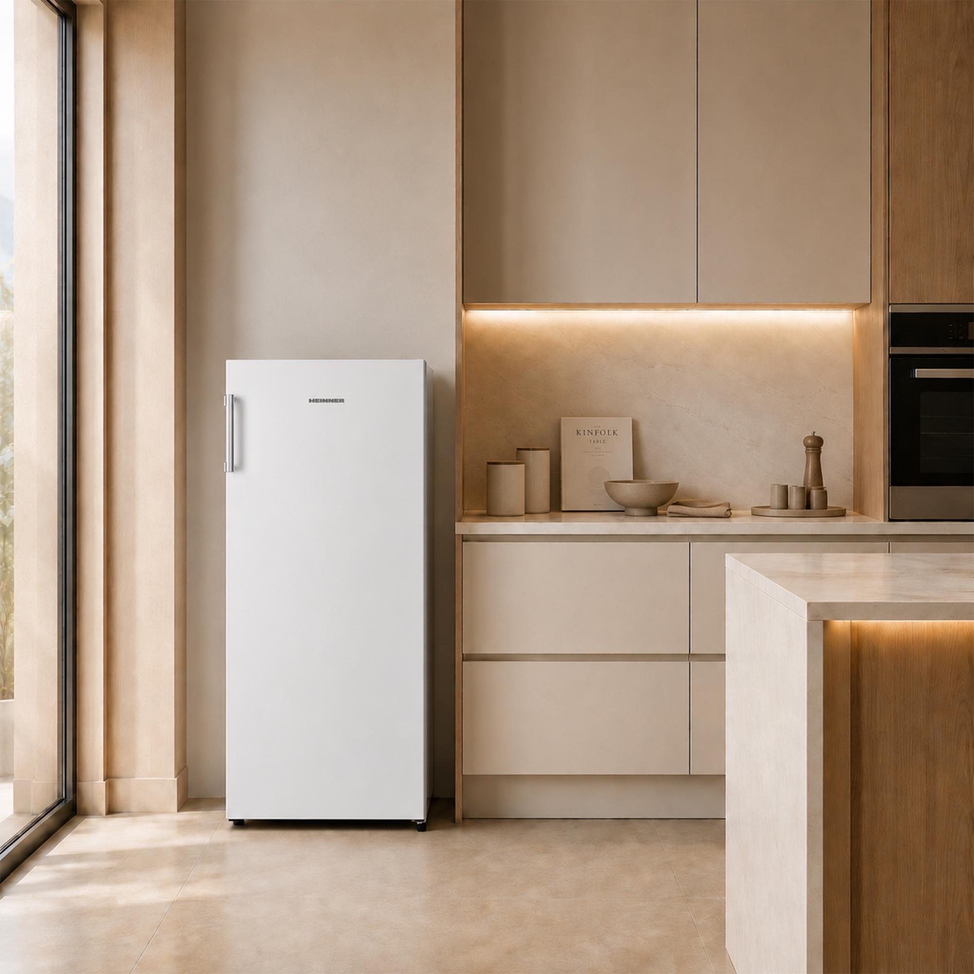 Moderne Küche mit weißem Kühlschrank, Holzschränken und Marmorarbeitsplatte.