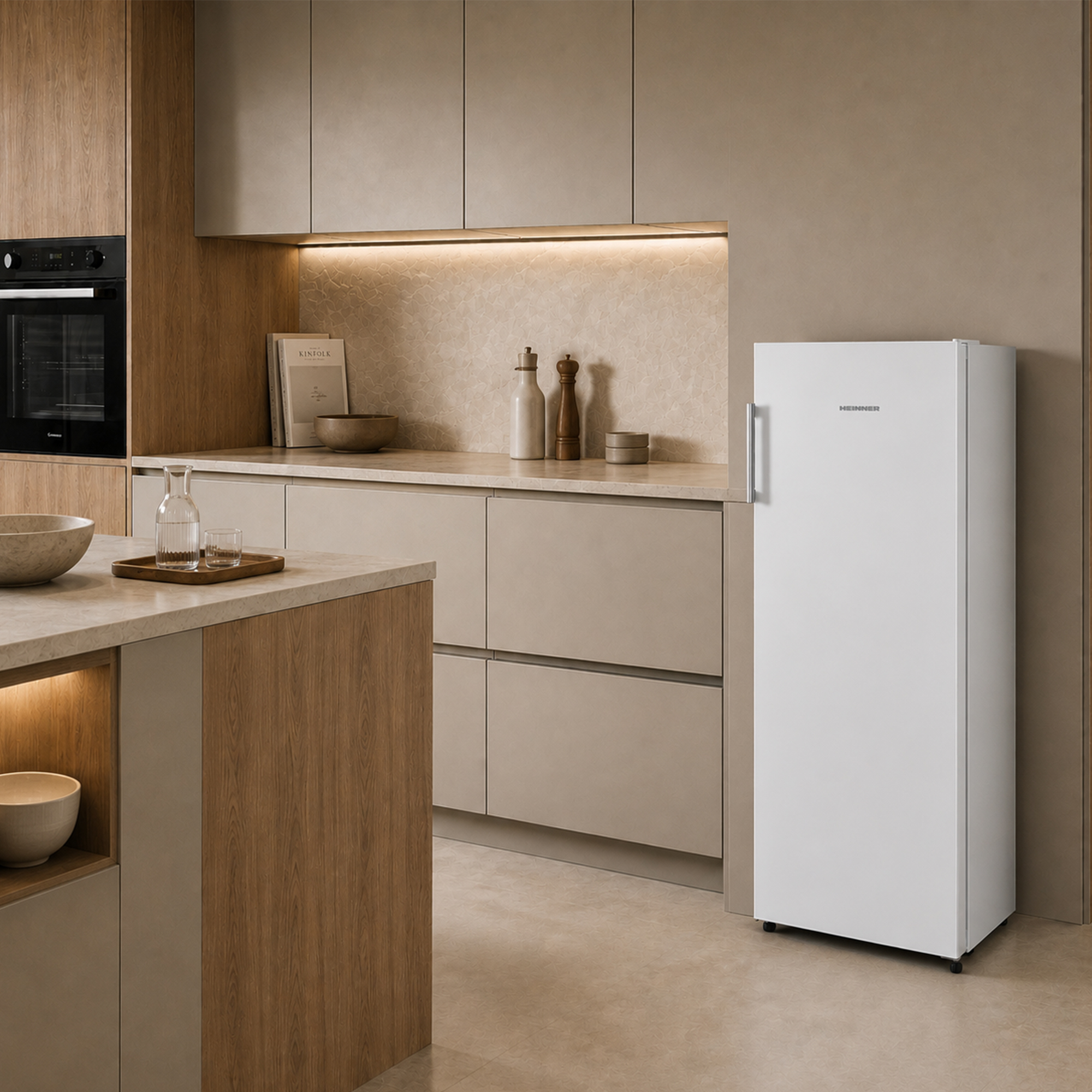 Moderne Küche mit weißen Kühl-/Gefrierschrank, Holzelementen und Kochinsel.
