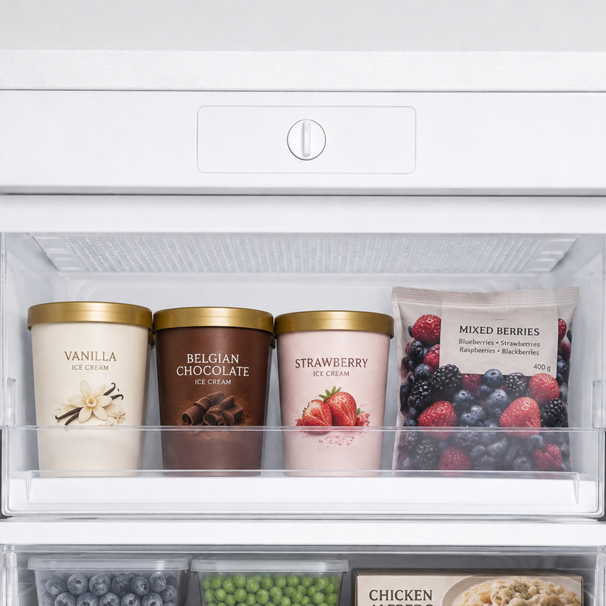 Gefrierschrank mit Eiscreme und Beeren: Vanille, Schokolade, Erdbeere, Beerenmischung.