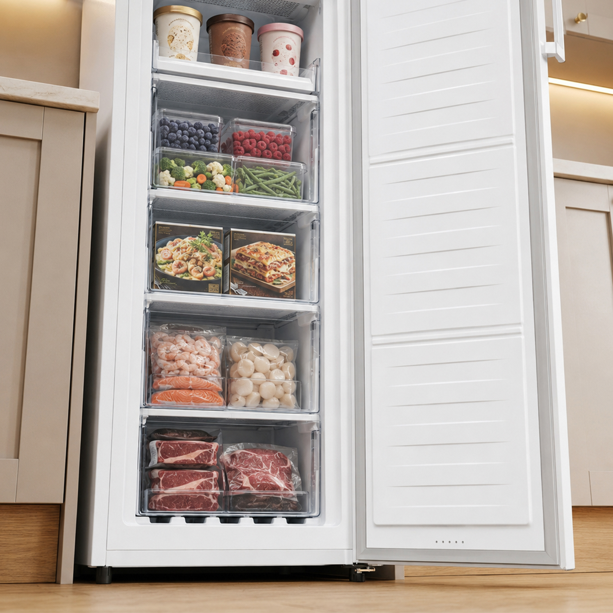 Gefrierschrank mit Eis, Beeren, Gemüse, Fertiggerichten, Garnelen, Jakobsmuscheln, Lachs und Fleisch.