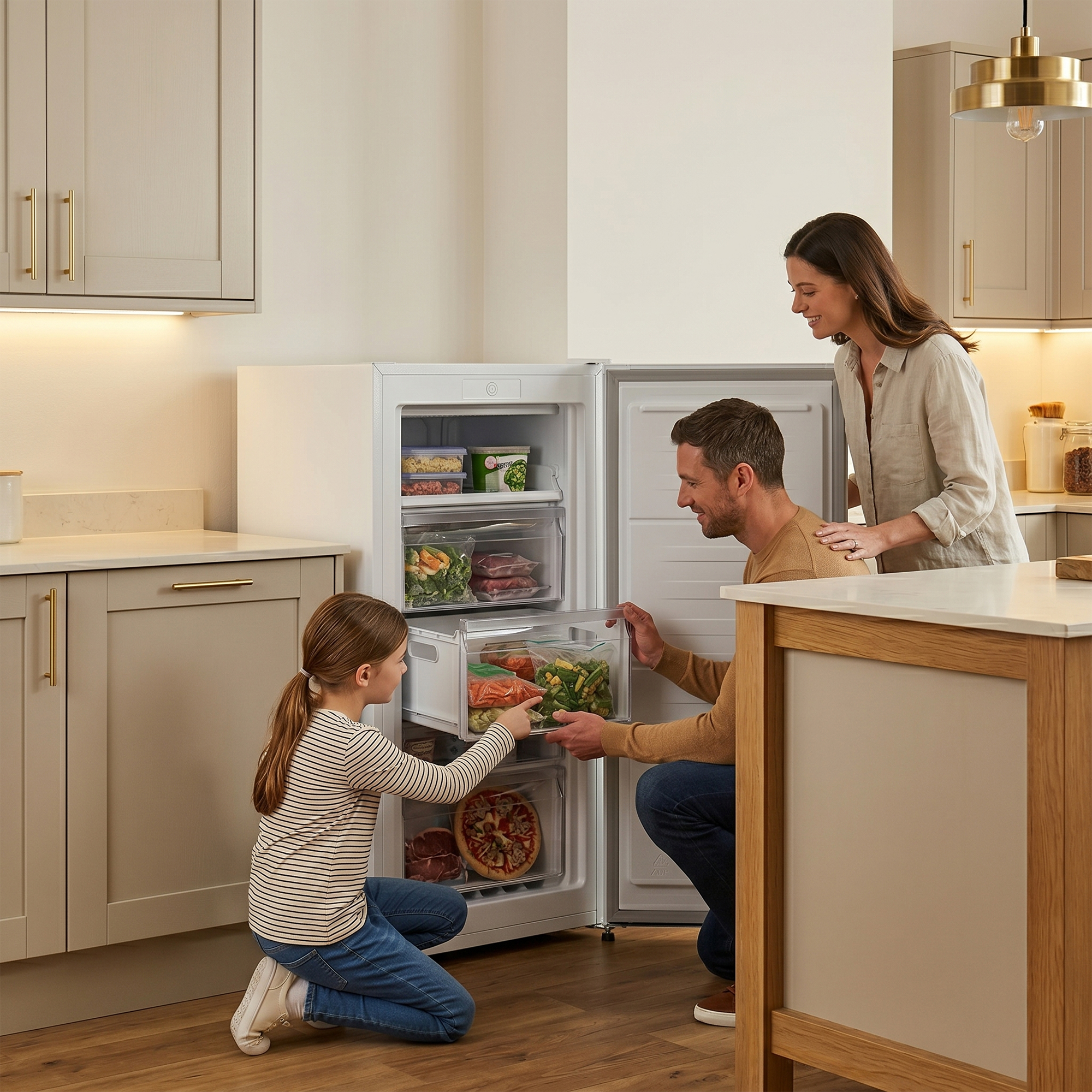 Familie sortiert gefrorene Lebensmittel in einem Kühlschrank.