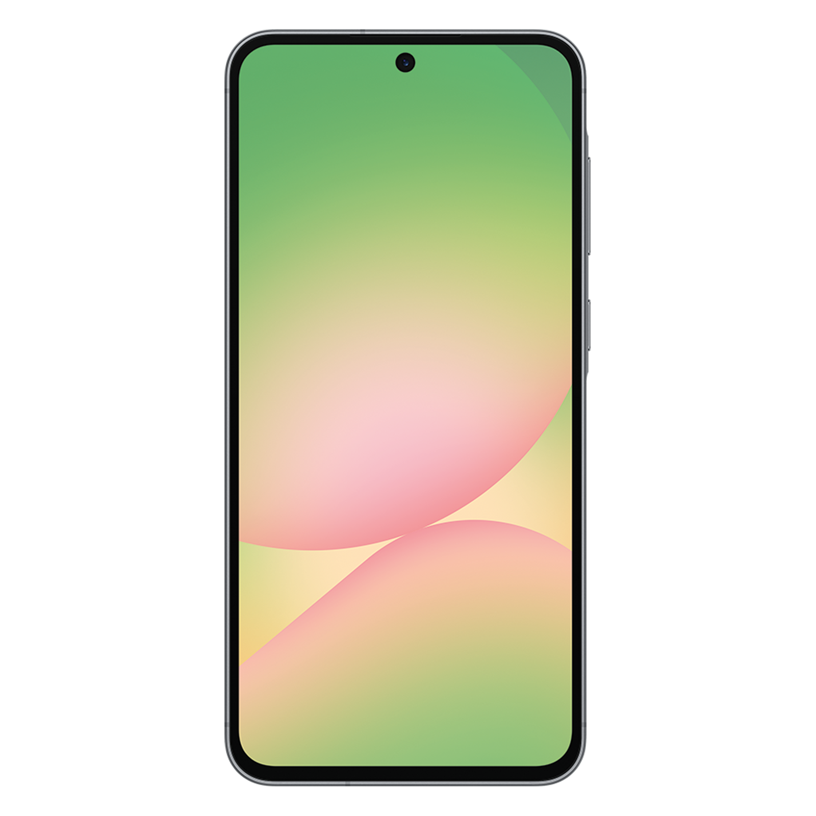 Ein Smartphone mit einem Farbverlauf-Bildschirm von Grün nach Gelb und Rosa.