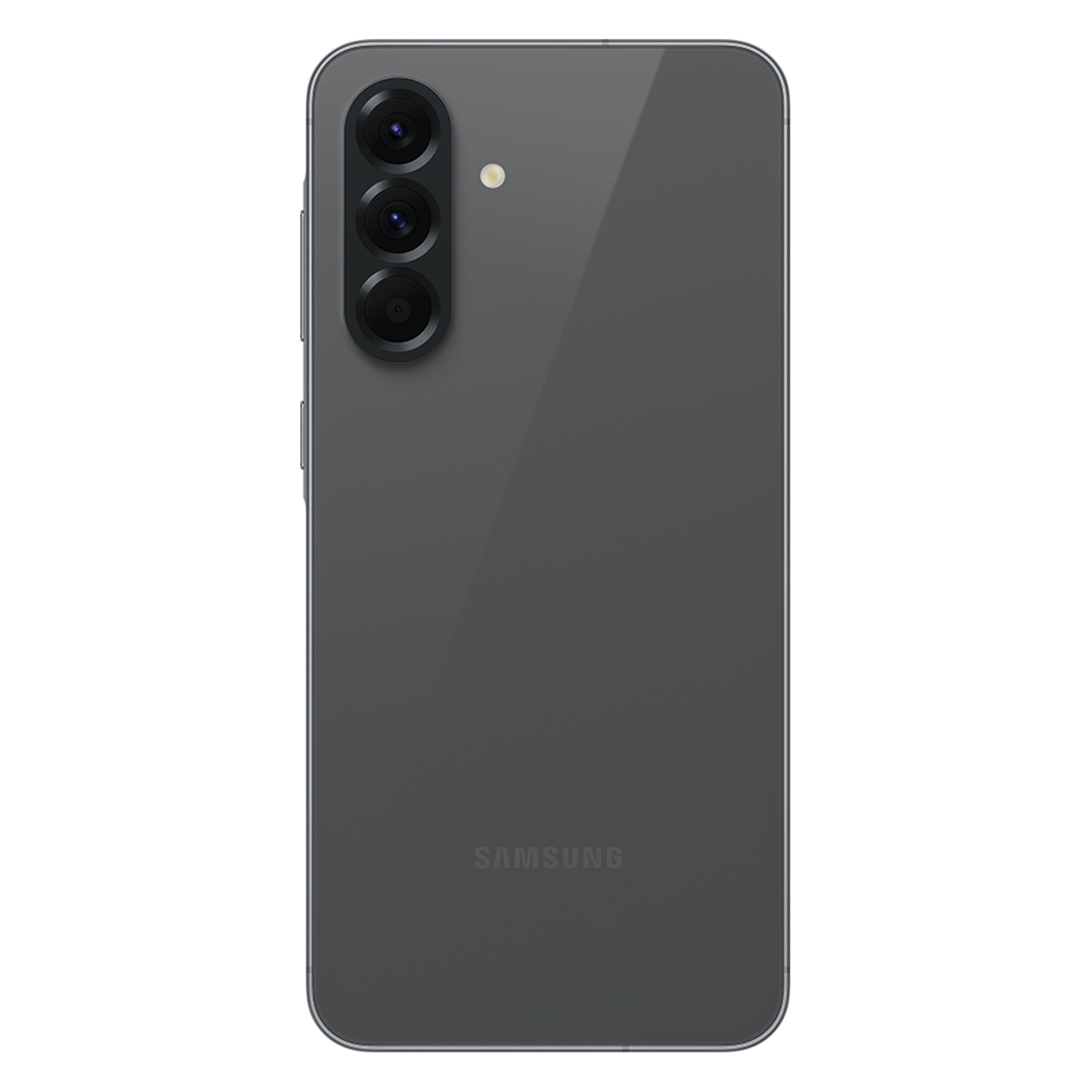Rückseite eines dunklen Samsung-Smartphones mit drei Kameralinsen und Blitz.