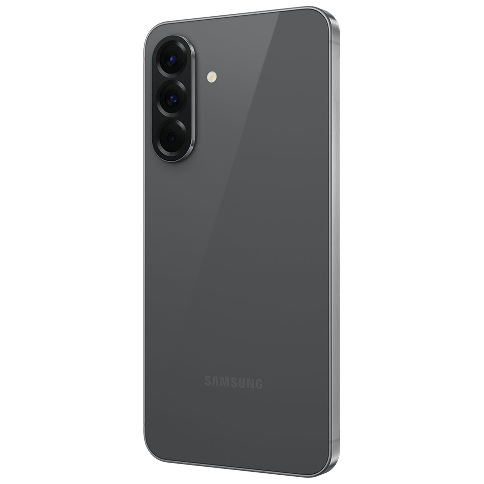Graues Samsung Smartphone mit drei Kameralinsen und Blitz.