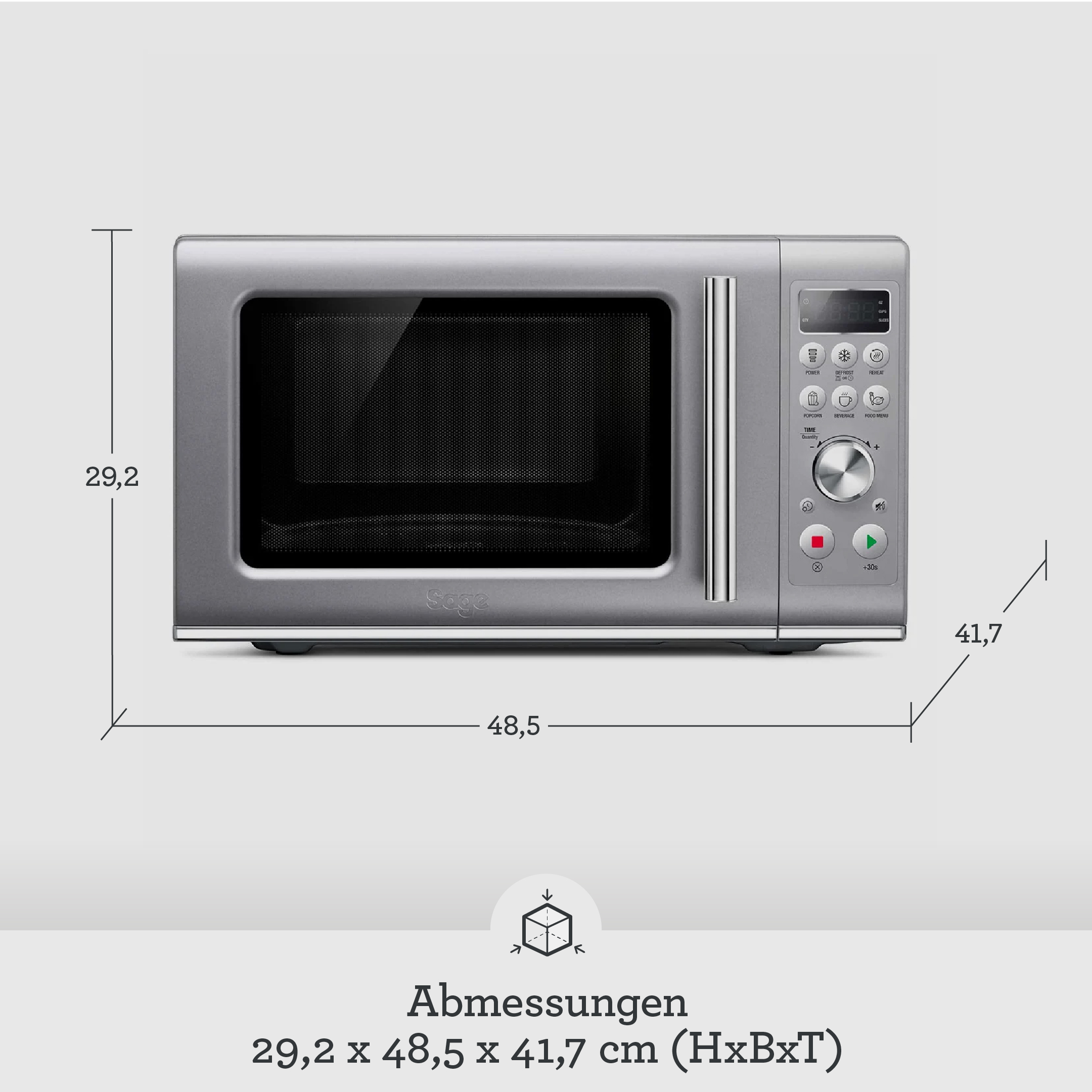 Microonde grigio con display e controlli, dimensioni 29,2x48,5x41,7cm.