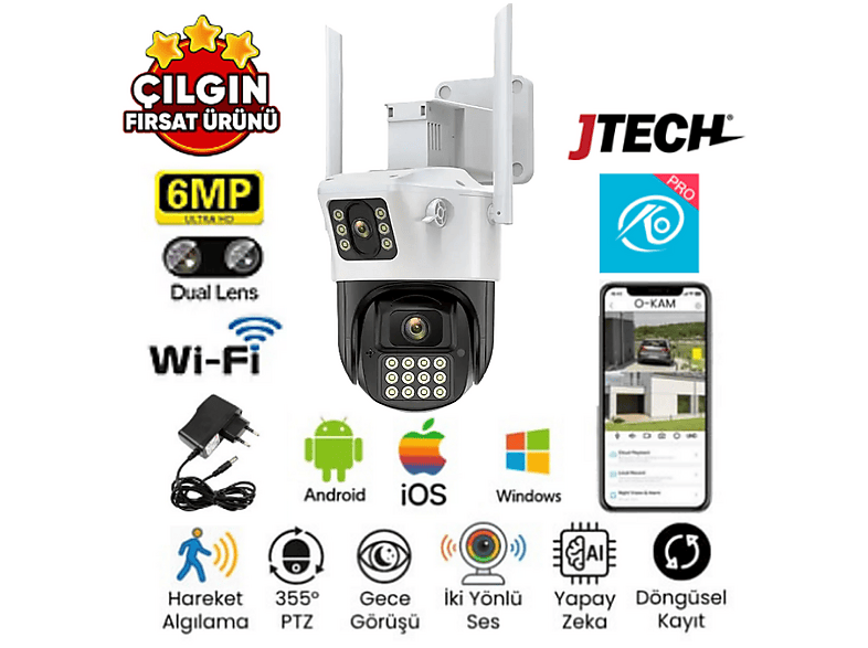 JTECH O-KAM 6015 3MP+3MP 6MP Wi-Fi Çakarlı 2 Kamera Alert 1 PTZ Akıllı Kamera Beyaz