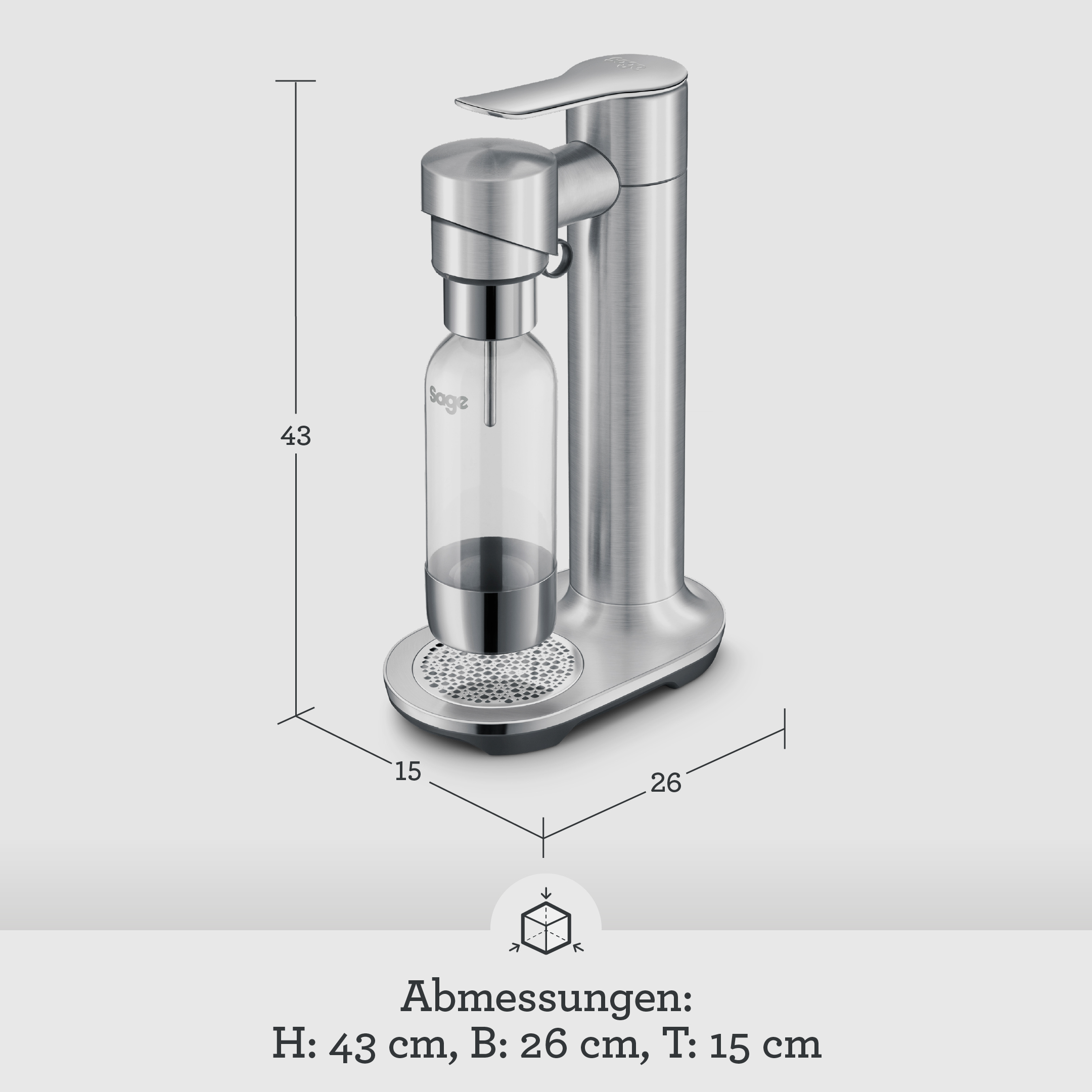 Ein silberner Wassersprudler mit Glasflasche und Maßen H:43, B:26, T:15 cm.