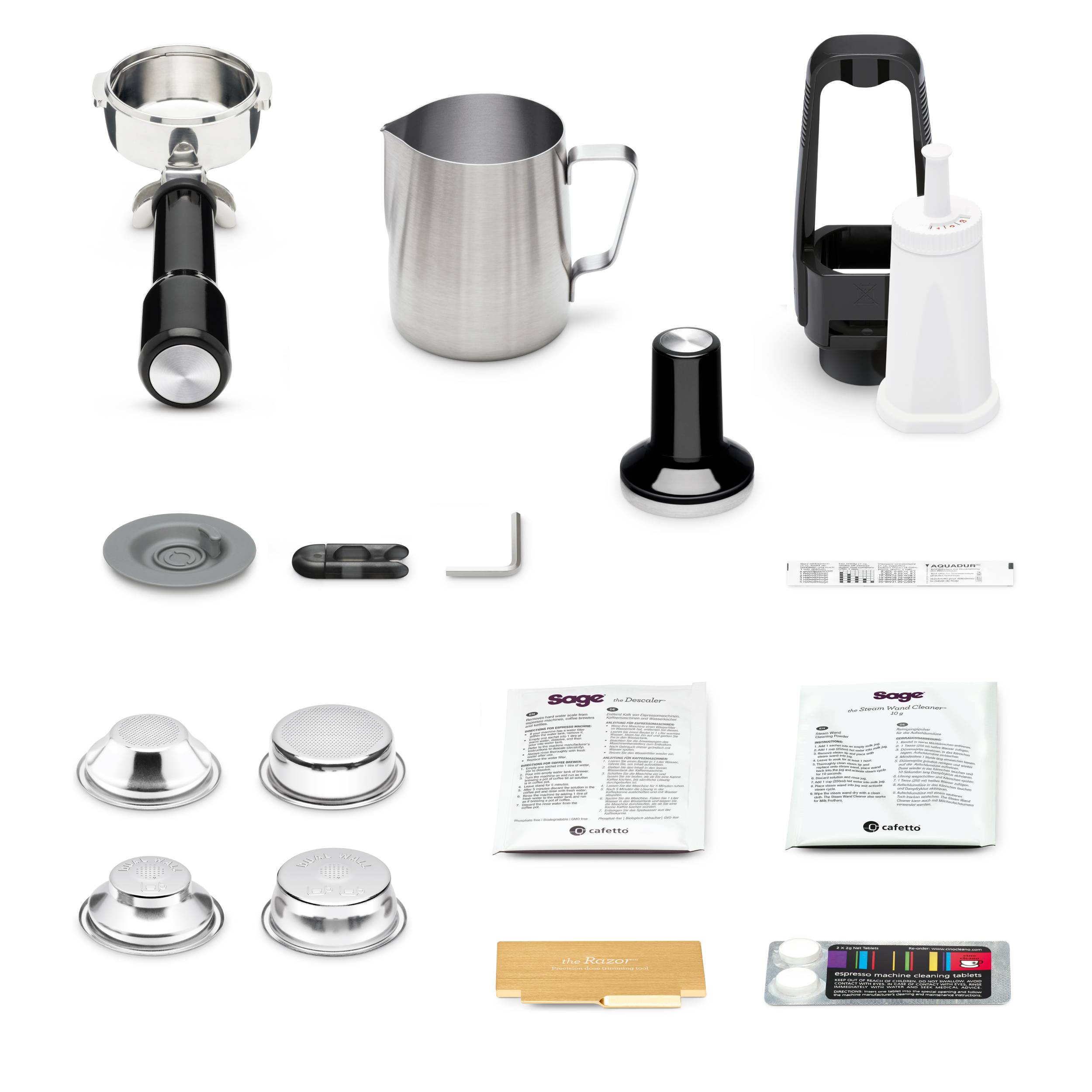 Espressomaschinen-Zubehör: Siebträger, Kanne, Tamper, Filter, Reiniger.