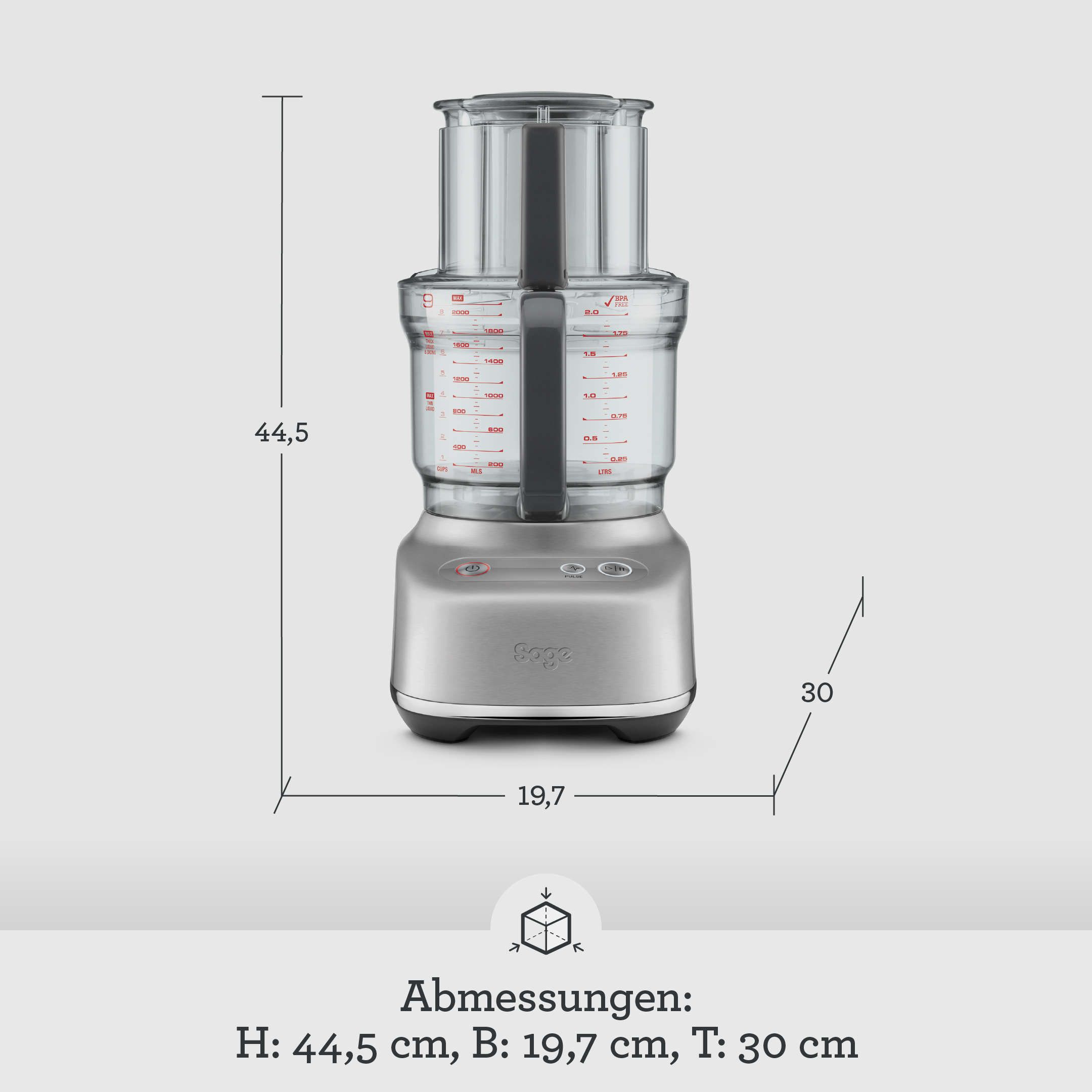 Robot da cucina Sage argento con misurino e dimensioni indicate.