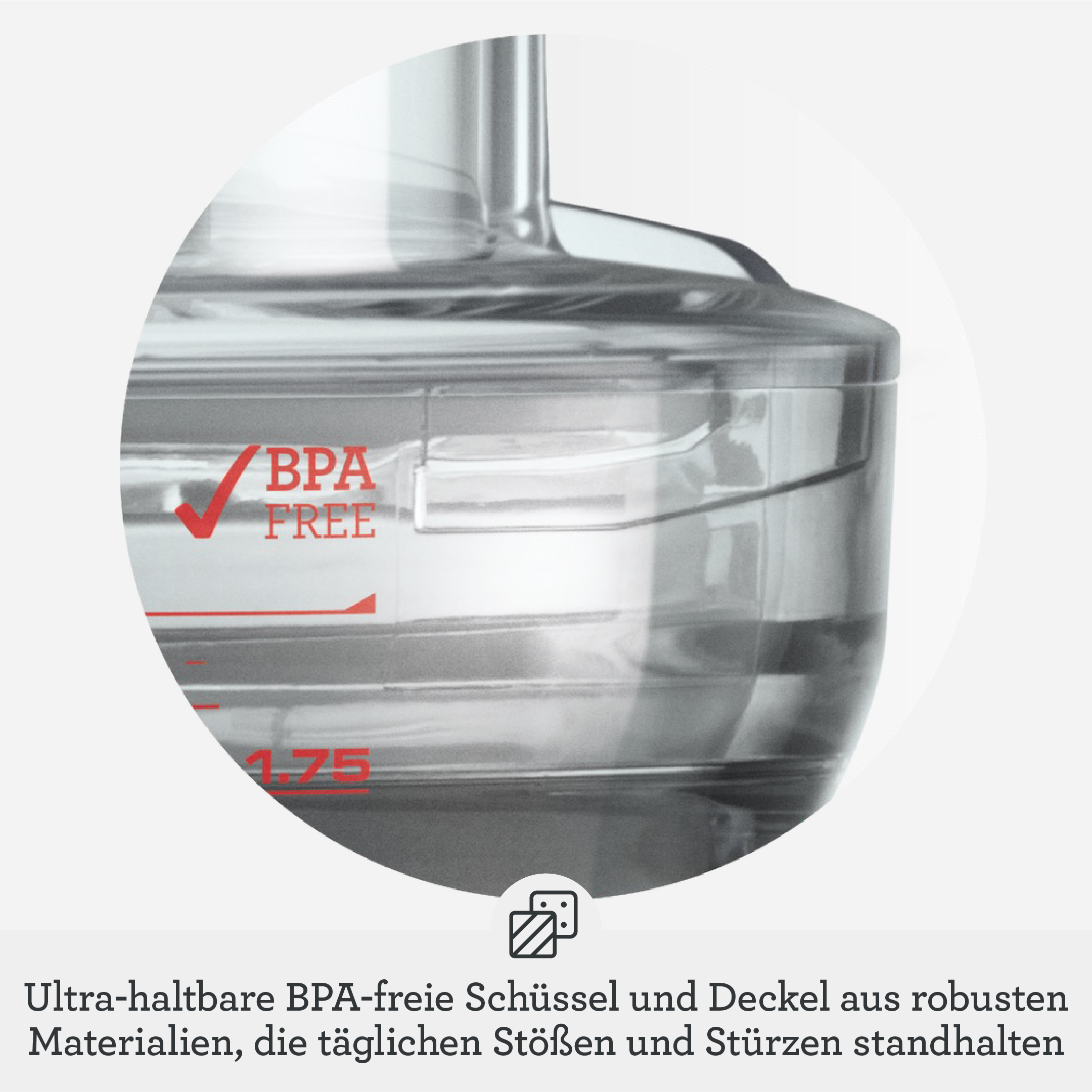 Transparente BPA-freie Schüssel mit rotem Siegel und Markierungen.
