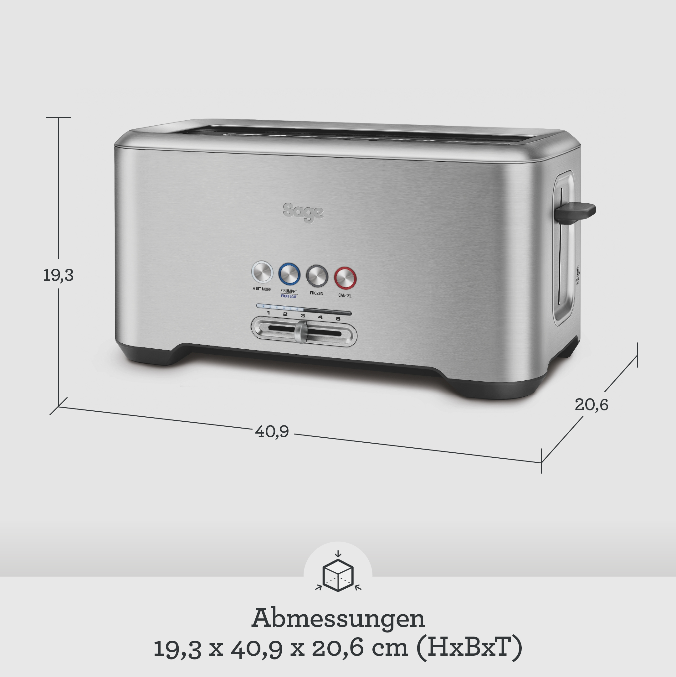 Ein silberner Toaster mit Bedienelementen und Maßangaben.