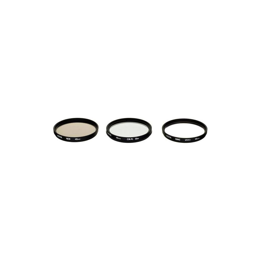 Drie Hoya 46mm cameralensfilters: ND8, CIR-PL Slim en UV(C) HMC.
