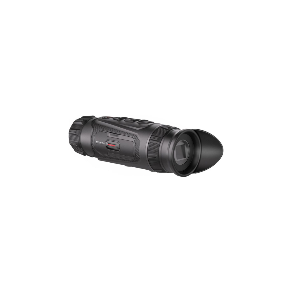 A black thermal imager with buttons on top and an eyepiece with a lens cover.