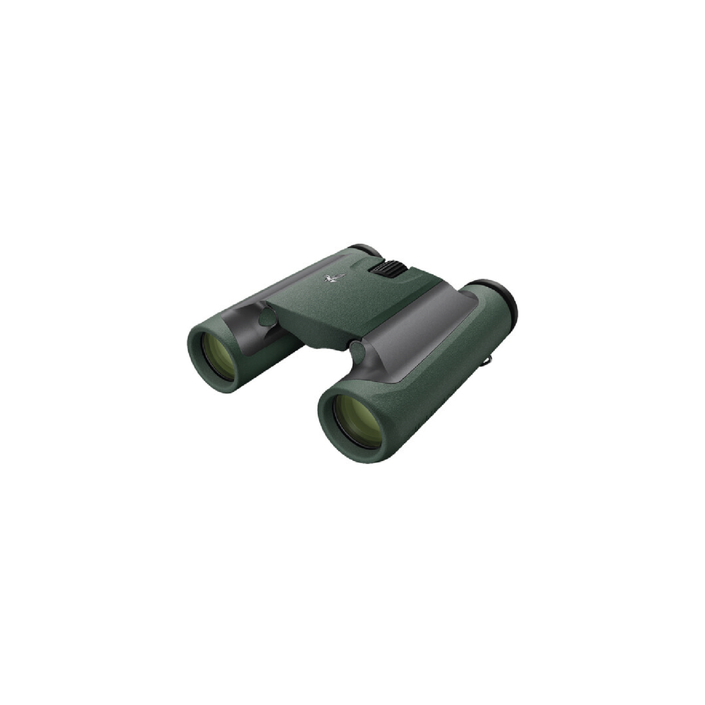 A green pair of binoculars with a black focus wheel and silver logo.