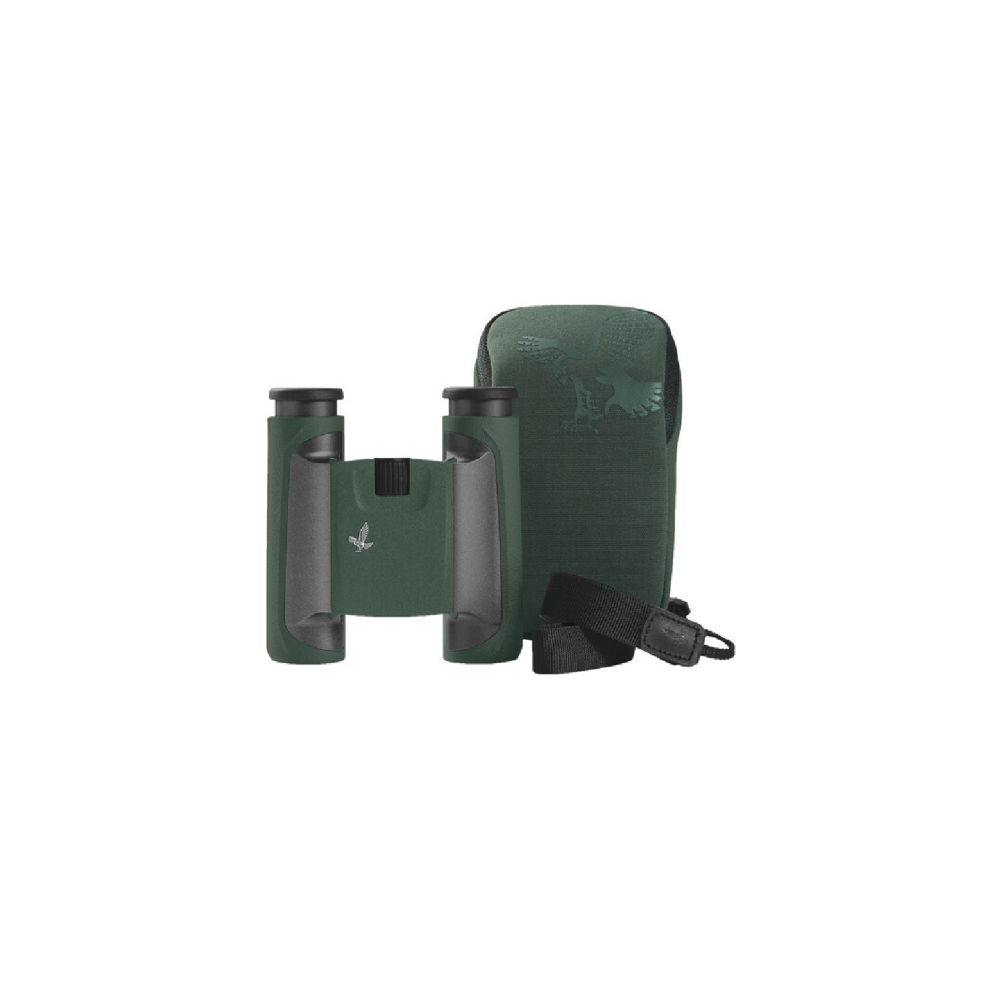 Green binoculars with case and strap. Logo on both.