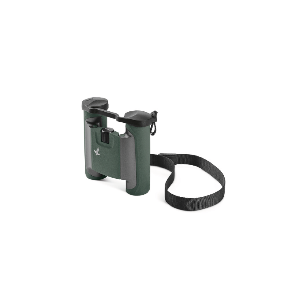 Green binoculars with a black strap, on a white background.