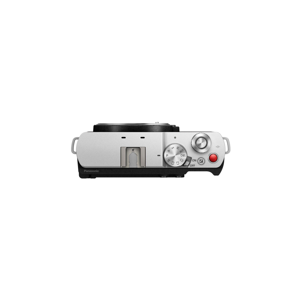 Silver camera with mode dial and red shutter button. Top view.