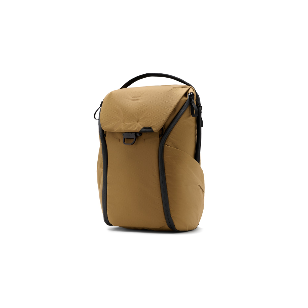 A brown backpack with a black zipper and handle.