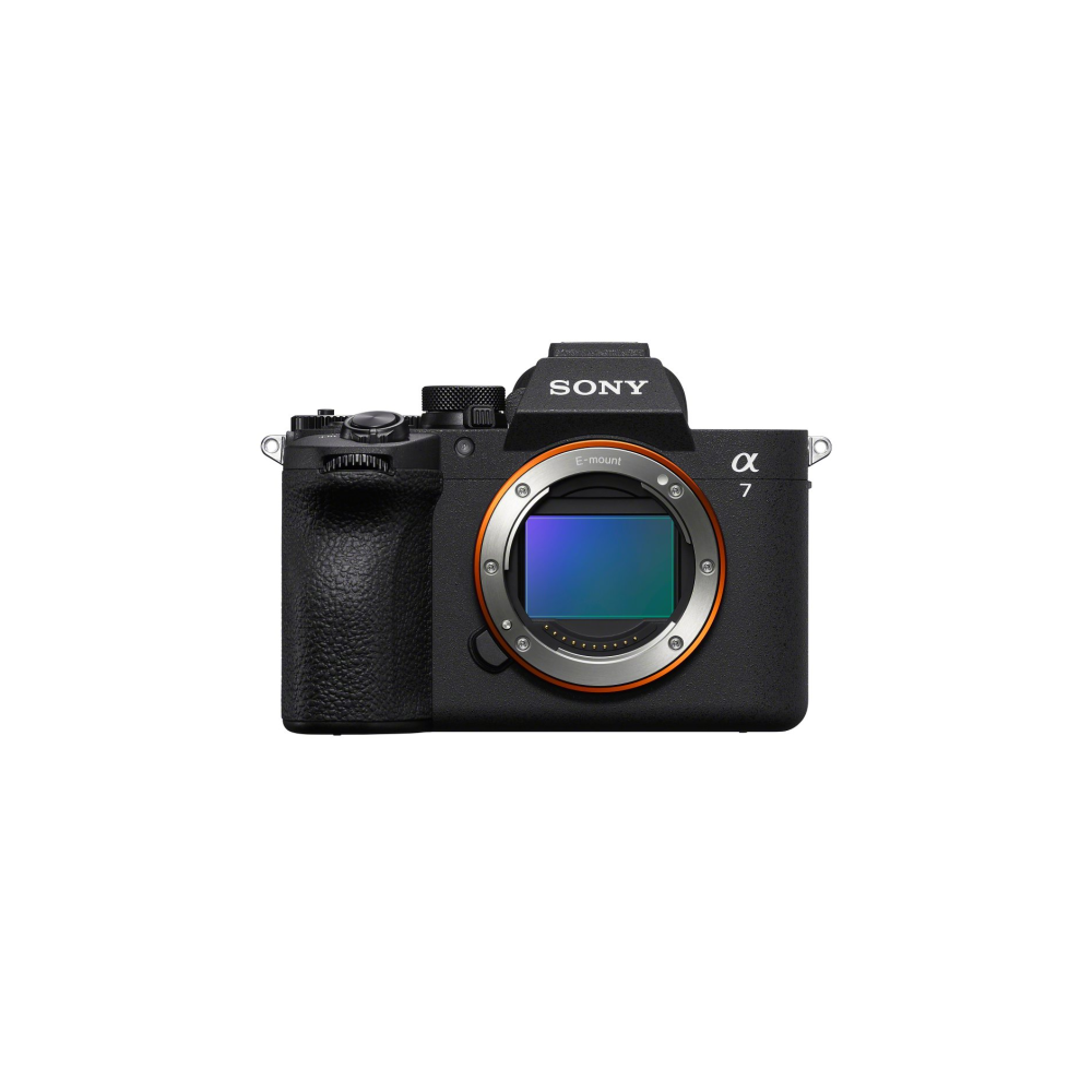 A black Sony Alpha 7 digital camera with E-mount, white background.