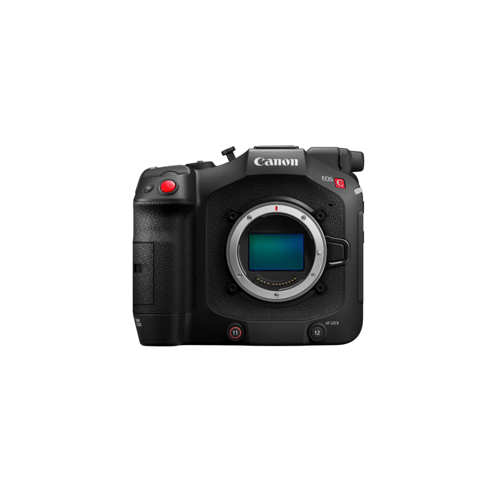 Black Canon EOS C cinema camera with lens mount and red buttons.