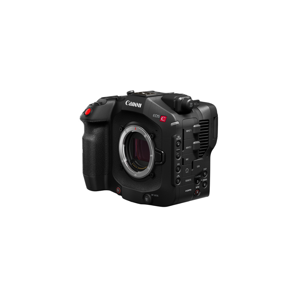 Black Canon EOS C camera with red button and lens mount.