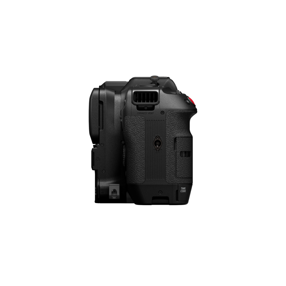 Black camera with grip, vents, and a red button.