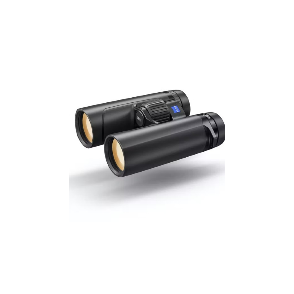 Black binoculars with a focus wheel and blue markings on a white background.
