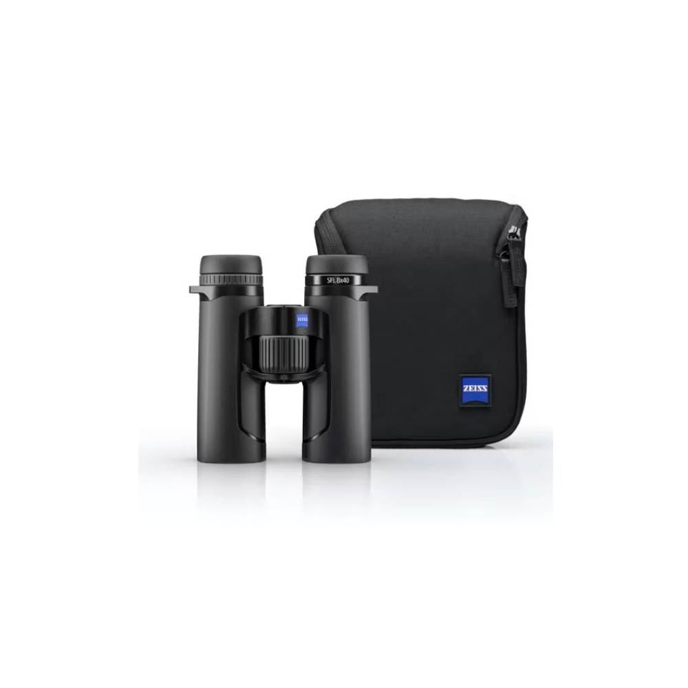 Black binoculars and a black bag with a Zeiss logo stand side-by-side.