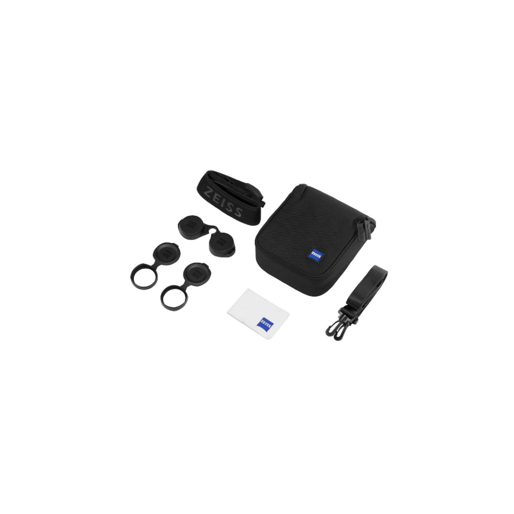 Zeiss accessories: black case, strap, lens caps and cleaning cloth.